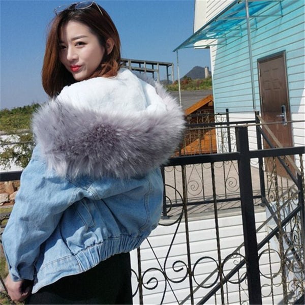Chaqueta Bomber Denim Mujer Invierno - Abrigo Cálido con Capucha Talla Grande