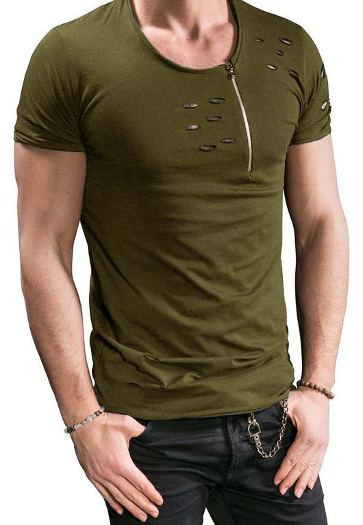 Camiseta Hombre Manga Corta con Cierre y Detalles Rotos - Image 5