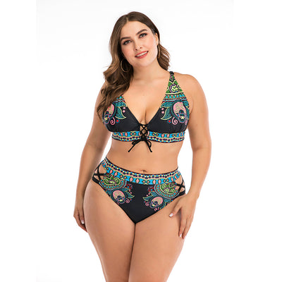 Plus size two-piece swimsuit with a black base, colorful geometric pattern, criss-cross top, and high-waisted bottom. - Image 36