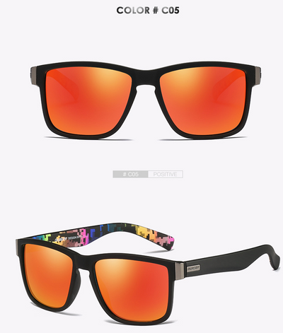 Black DUBERY polarized sunglasses with rectangular frames and dark lenses, shown from front and top-down angles. - Image 9