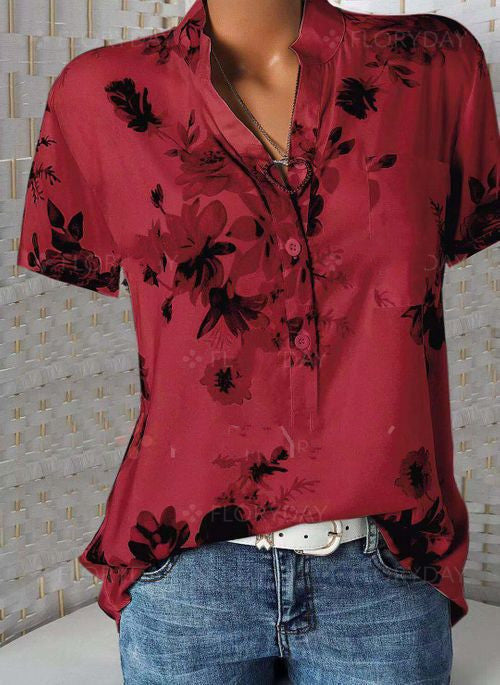 Blusa Estampada de Flores con Cuello en V y Manga Corta - Image 9