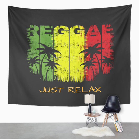 Reggae tapestry with distressed green, yellow, red text, palm tree silhouettes, and "JUST RELAX" slogan on dark gray. - Image 2