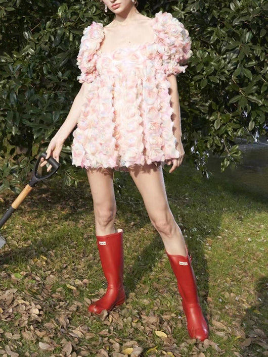 Vestido Corto Estampado Floral con Mangas Abullonadas para Mujer - Image 3