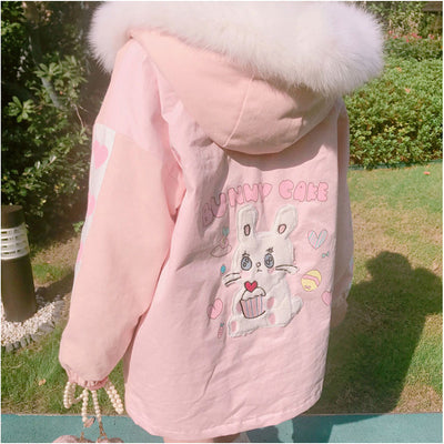 Abrigo Parka Kawaii Conejo Rosa y Lavanda con Capucha y Borde de Pelaje para Invierno - Image 3