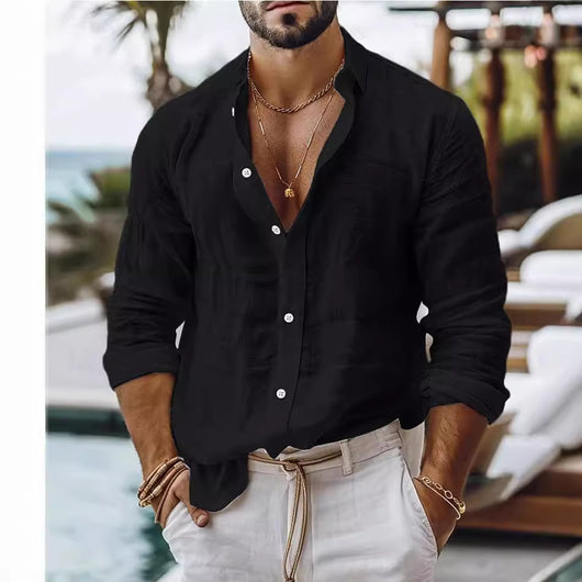 Camisa Casual de Algodón y Lino para Hombre - Manga Larga Color Sólido - Image 4
