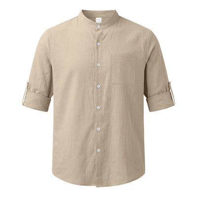 Camisa de Lino Estilo Americano con Cuello Mao y Mangas Medianas para Hombre - Image 43