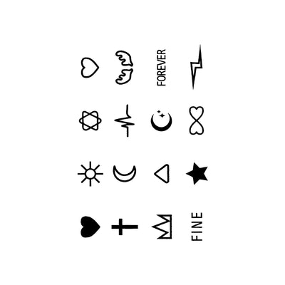 Sheet of 24 black outline doodle temporary tattoo stickers including a bow, heart, crown, sun, stars, and flowers. - Image 10