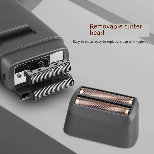 Silver electric shaver with a rose gold power button and LCD display showing '99', next to a replacement shaver head.