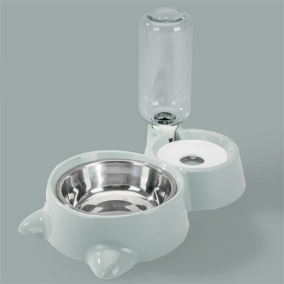 White pet feeding station with a stainless steel food bowl and a clear automatic water dispenser bottle. - Image 16