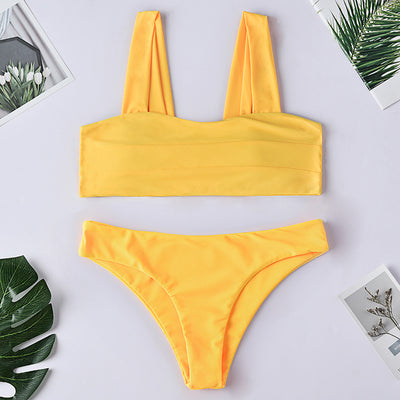 Dark green two-piece swimsuit with a bandeau top featuring horizontal ruching and high-cut bikini bottoms. - Image 11