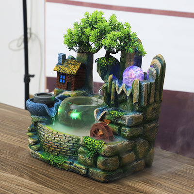 Desktop waterscape fish tank and creative humidifier with LED lights, miniature house, and artificial tree. - Image 2