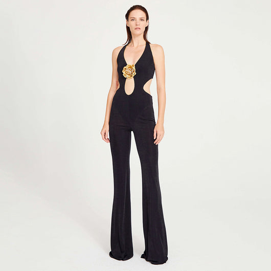 Mono Halter Sexy Dorado con Flores - Espalda Descubierta sin Mangas - Image 3