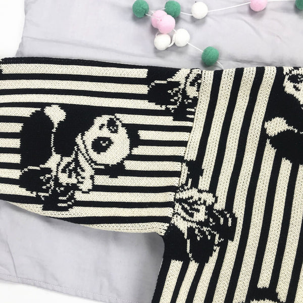 Sudadera Gruesa con Ilustración de Panda a Rayas Blanco y Negro