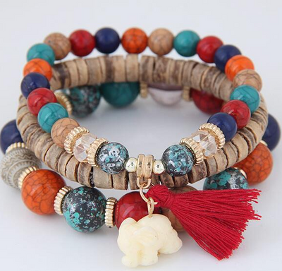 Pulsera Elefante Bebé con Cuentas de Madera y Borlas - Diseño Multicapas - Image 6