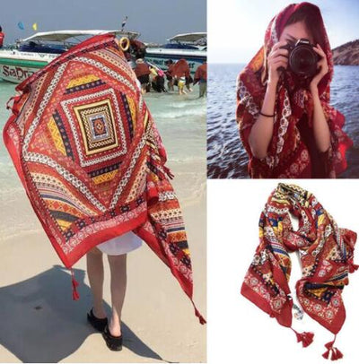 Rebozo Bohemio Hippie Lino Geométrico Retro - Chal Playa Cálido