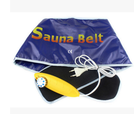 Blue and black sauna belt with a yellow control unit and white power cord, labeled 'Sauna Belt'. - Image 3