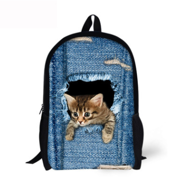 Mochila Escolar 3D Gato Adorable - Mochila Denim para Niños y Niñas