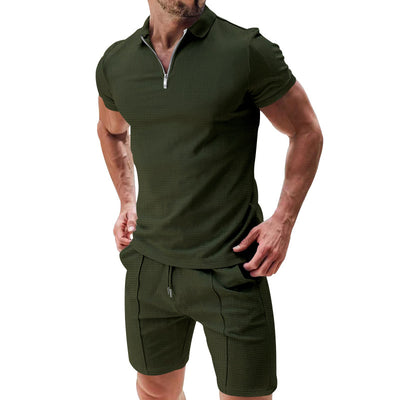 Conjunto Casual de Dos Piezas en Waffle para Hombre - Playera y Shorts con Cremallera - Image 3