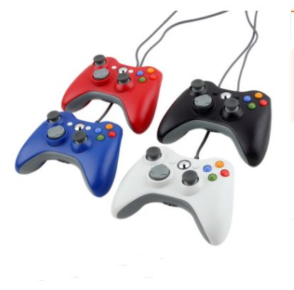 Red wired game controller for Xbox 360, featuring a standard button layout, dual joysticks, and a gray USB cable.