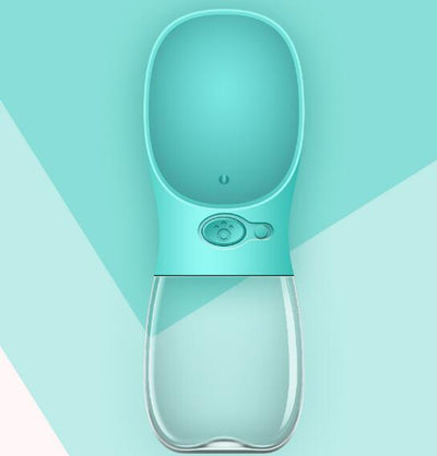 White portable pet water bottle with a clear reservoir and built-in drinking bowl, shown in a bag. - Image 9