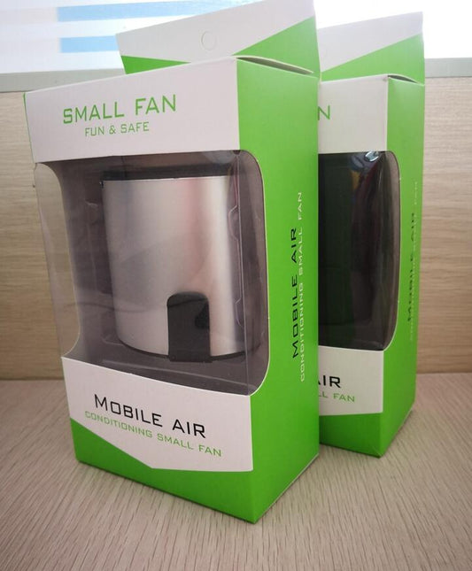 Three silver and black waist-mounted hands-free mini fans with clips and USB ports, shown against a light blue background.