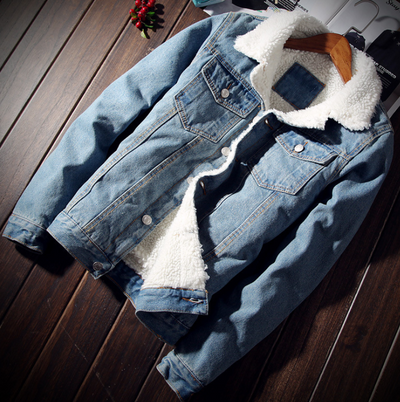 Chaqueta Bomber de Denim con Forro de Peluche para Hombre - Diseño Oversized Negro y Azul