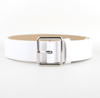 Black faux-leather women's belt with a shiny gold-tone round pin buckle, displayed on a white background. - Image 7
