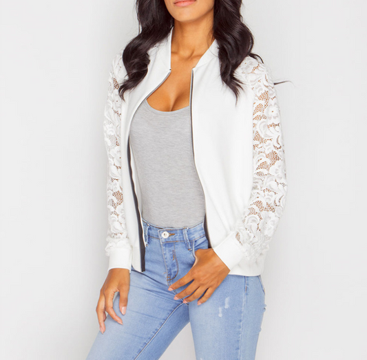 Chaqueta Bomber Mujer con Encaje Transparente y Cremallera