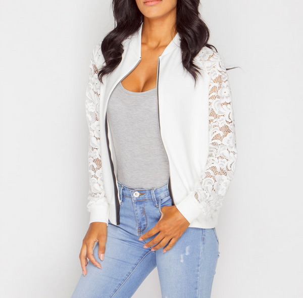 Chaqueta Bomber Mujer con Encaje Transparente y Cremallera