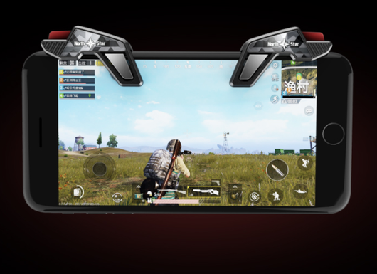 Pair of black and silver mobile game triggers with red buttons, featuring a 'North Star' logo and geometric pattern.