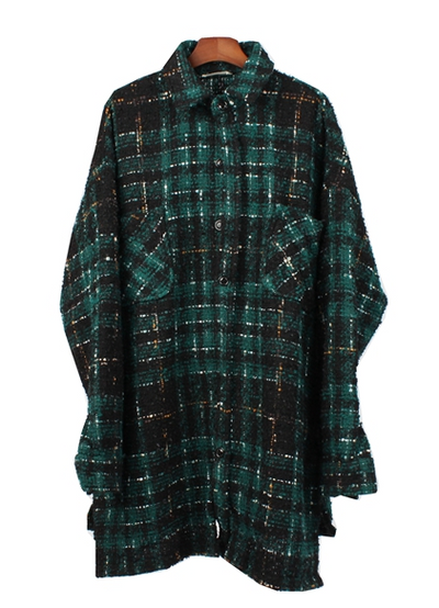 Camisa de Cuadros Oversize con Hilo Dorado - Estilo Urbano Manga Larga - Image 11
