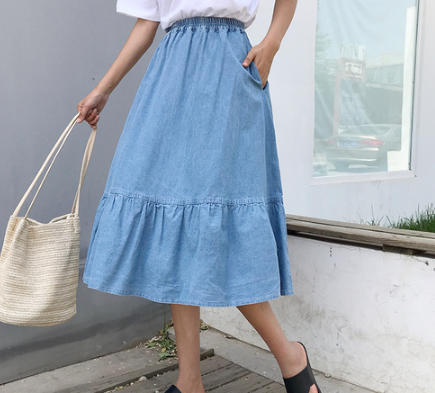 Falda Vaquera Larga Estilo Preppy Coreano con Cintura Natural y Bajo Amplio para Mujer