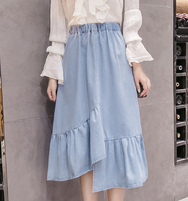 Falda Vaquera Larga Estilo Preppy Coreano con Cintura Natural y Bajo Amplio para Mujer - Image 3