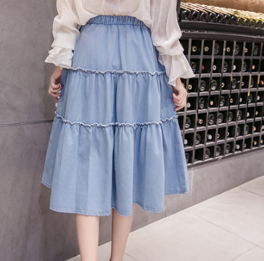 Falda Vaquera Larga Estilo Preppy Coreano con Cintura Natural y Bajo Amplio para Mujer