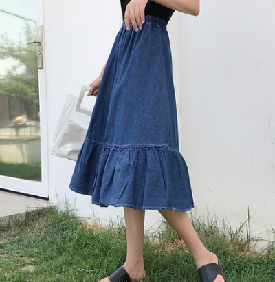 Falda Vaquera Larga Estilo Preppy Coreano con Cintura Natural y Bajo Amplio para Mujer - Image 5