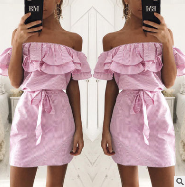 Vestido a Rayas sin Tirantes con Manga de Hoja de Loto para Mujer - Image 5