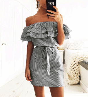 Vestido a Rayas sin Tirantes con Manga de Hoja de Loto para Mujer - Image 2