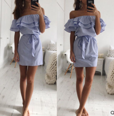 Vestido a Rayas sin Tirantes con Manga de Hoja de Loto para Mujer - Image 3