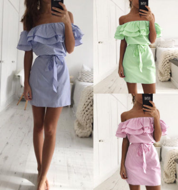 Vestido a Rayas sin Tirantes con Manga de Hoja de Loto para Mujer