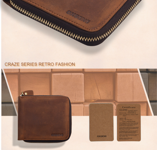 Cartera Retro de Cuero Genuino para Hombre con Cierre de Cremallera