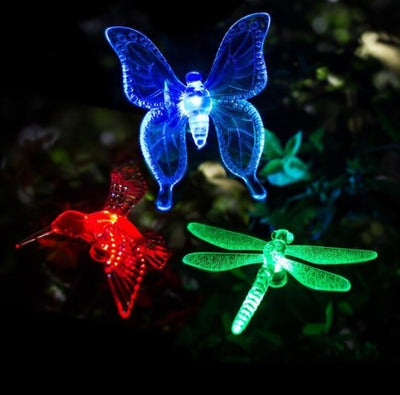 Lámpara Solar de Jardín con Luz LED Multicolor - Decoración Impermeable con Diseño de Libélula, Mariposa y Pájaro