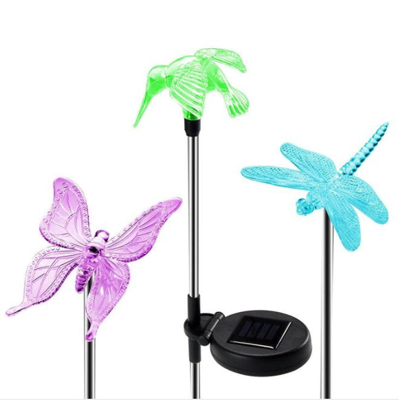 Lámpara Solar de Jardín con Luz LED Multicolor - Decoración Impermeable con Diseño de Libélula, Mariposa y Pájaro