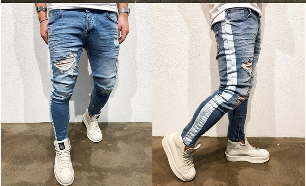 Pantalones Vaqueros Azules Rotos Ajustados - Tendencia Europa y Estados Unidos