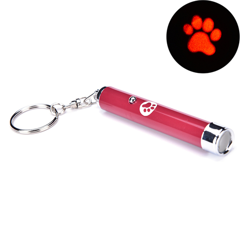 Yellow LED projection cat toy flashlight with a silver keychain, projecting a purple fish animation.