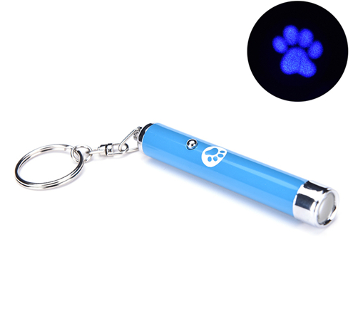 Yellow LED projection cat toy flashlight with a silver keychain, projecting a purple fish animation. - Image 11