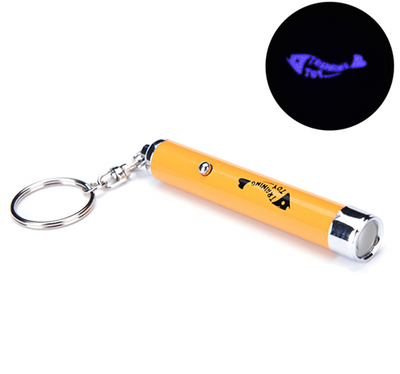 Yellow LED projection cat toy flashlight with a silver keychain, projecting a purple fish animation. - Image 9