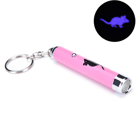 Yellow LED projection cat toy flashlight with a silver keychain, projecting a purple fish animation. - Image 8