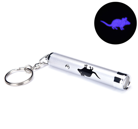 Yellow LED projection cat toy flashlight with a silver keychain, projecting a purple fish animation. - Image 12