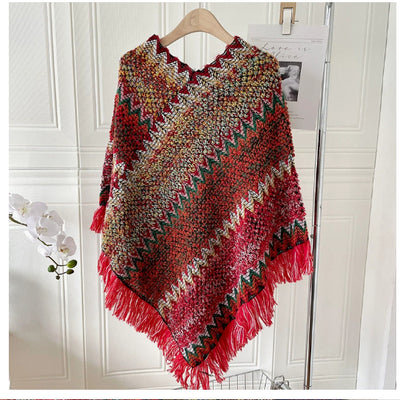 Poncho Tejido Étnico Mohair con Flecos - Capa Pullover para Mujer - Image 12