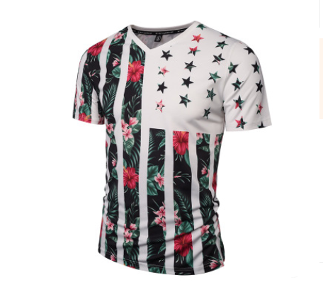 Playera Hombre Estampado Flores Estrellas Cuello V Manga Corta Verano - Image 4